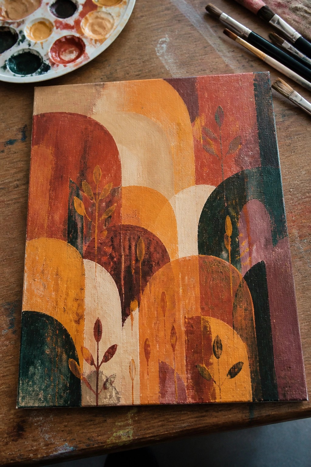 Abstract painting with warm arches and plants beside palette and brushes on wood table