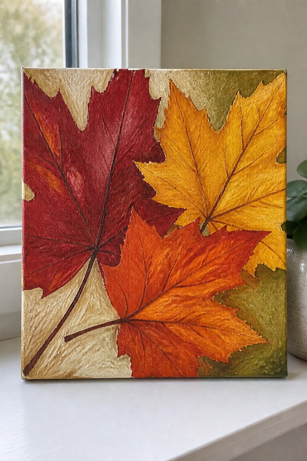 Painting of three overlapping maple leaves in red, orange, and yellow on gold background.