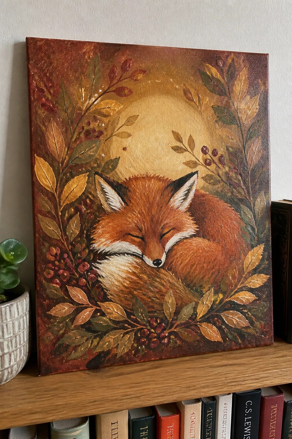 Sleeping fox curled amid autumn leaves, berries, and a glowing full moon.