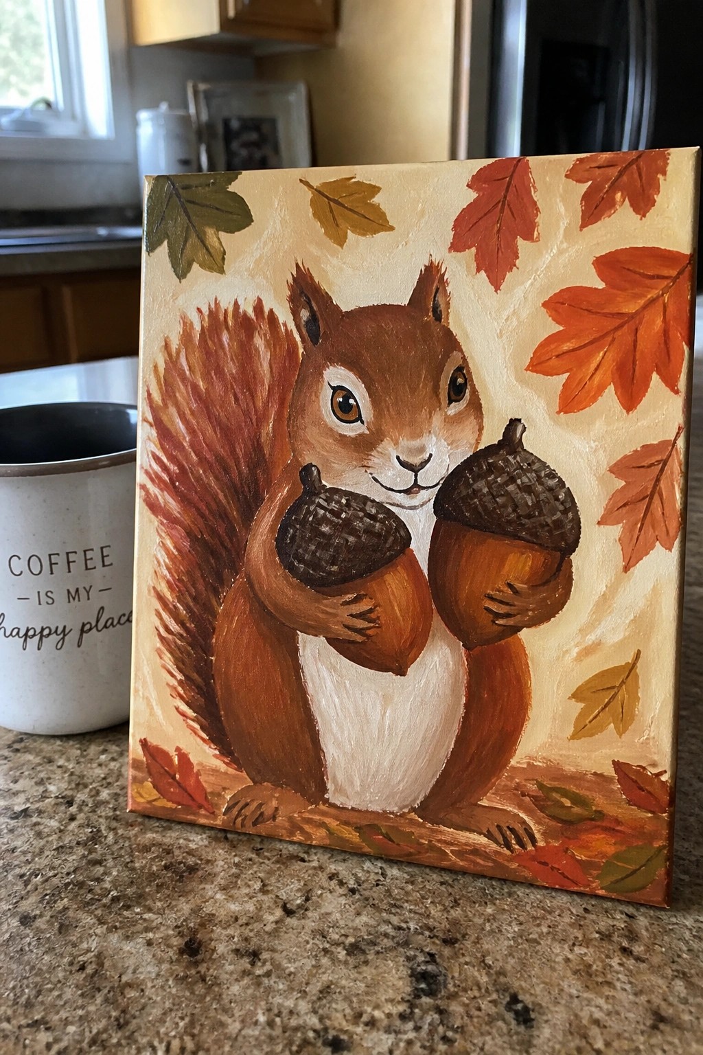 Acrylic painting of brown squirrel holding two acorns amid colorful autumn leaves