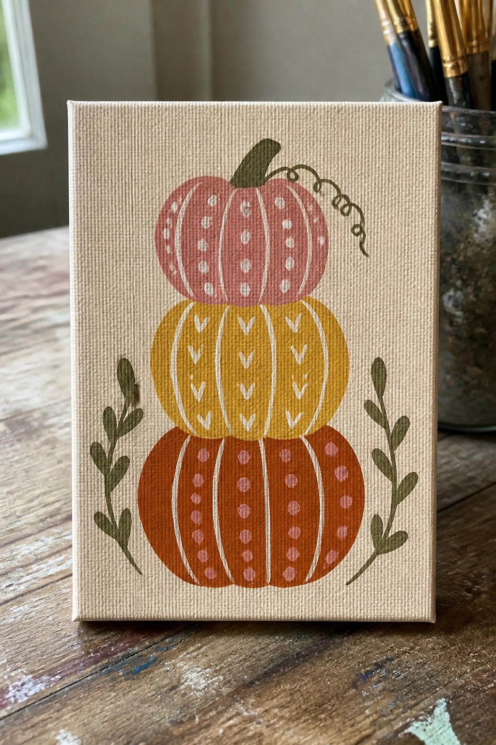 Three stacked patterned pumpkins in red, yellow, and orange on a canvas with leaves