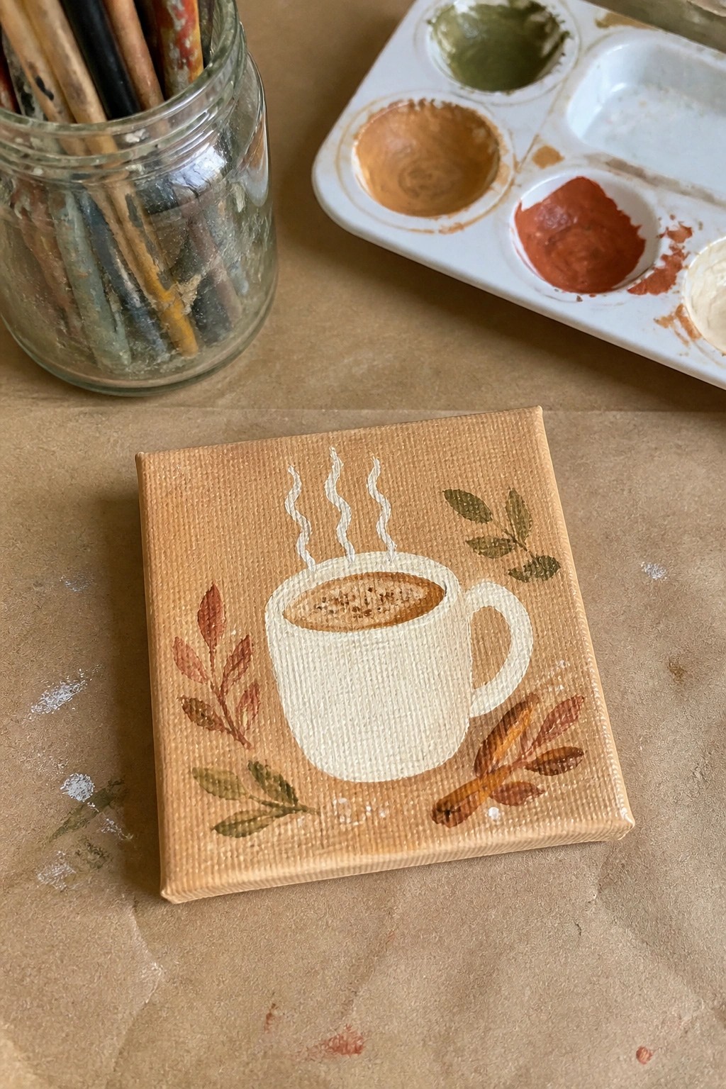 A small square canvas shows a white coffee mug with steam lines and brown fall leaves on a tan background next to paintbrushes and a palette.