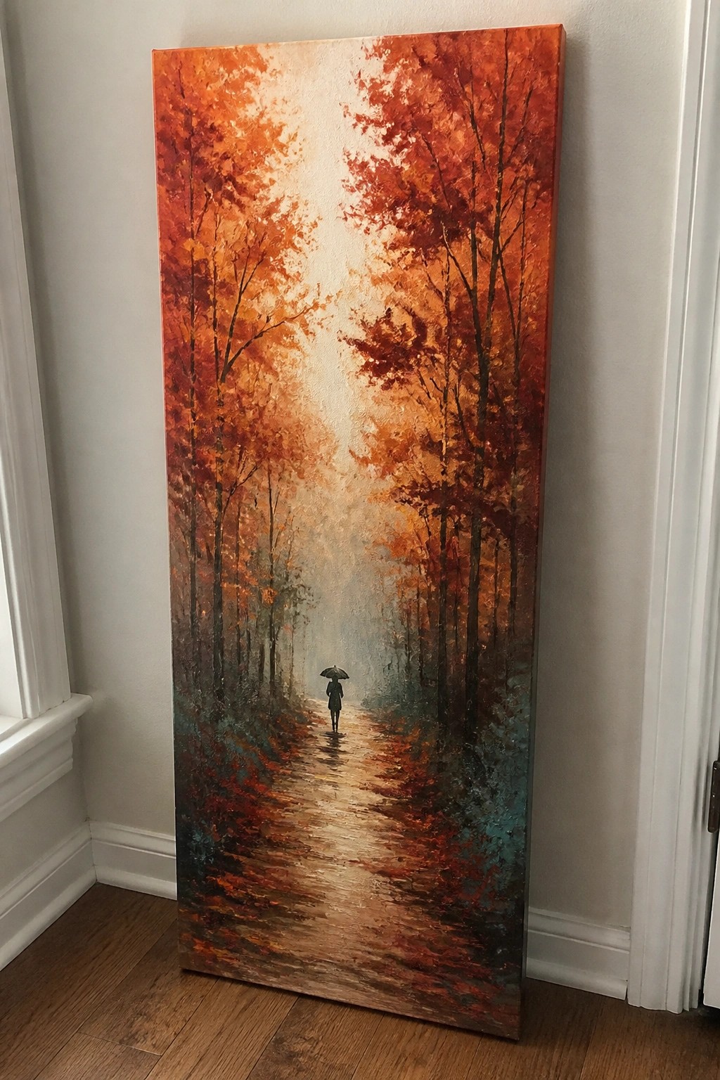 Impressionistic painting of lone figure with umbrella on misty autumn forest path.