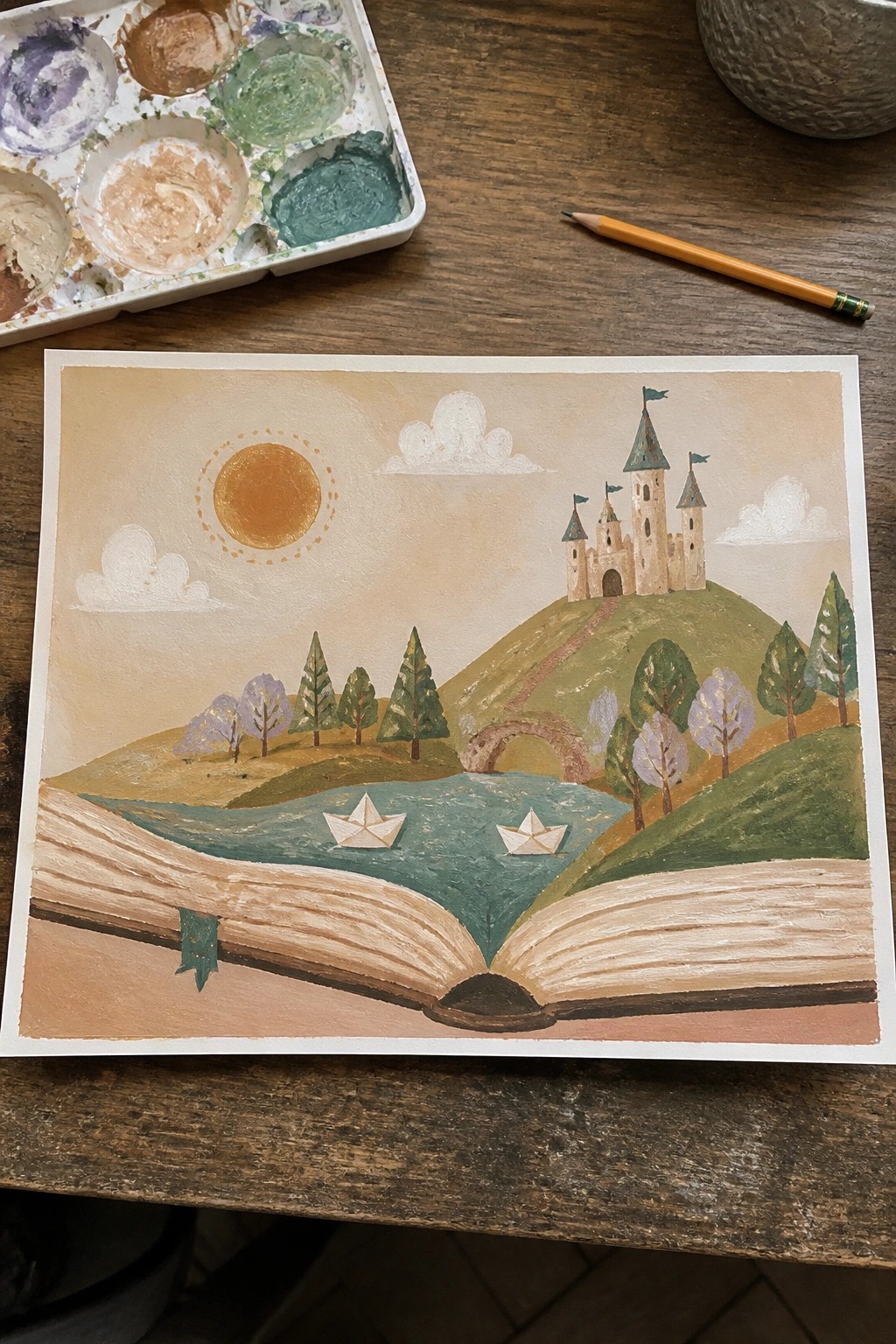 Watercolor painting of open book with castle on hill and paper boats in river