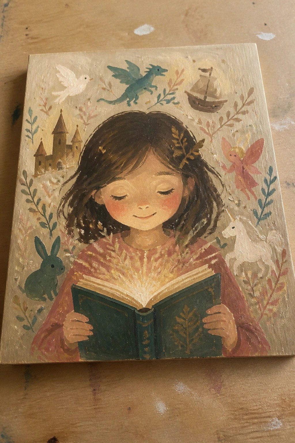 Girl in pink dress reads glowing book amid unicorn, fairy, dragon, and castle
