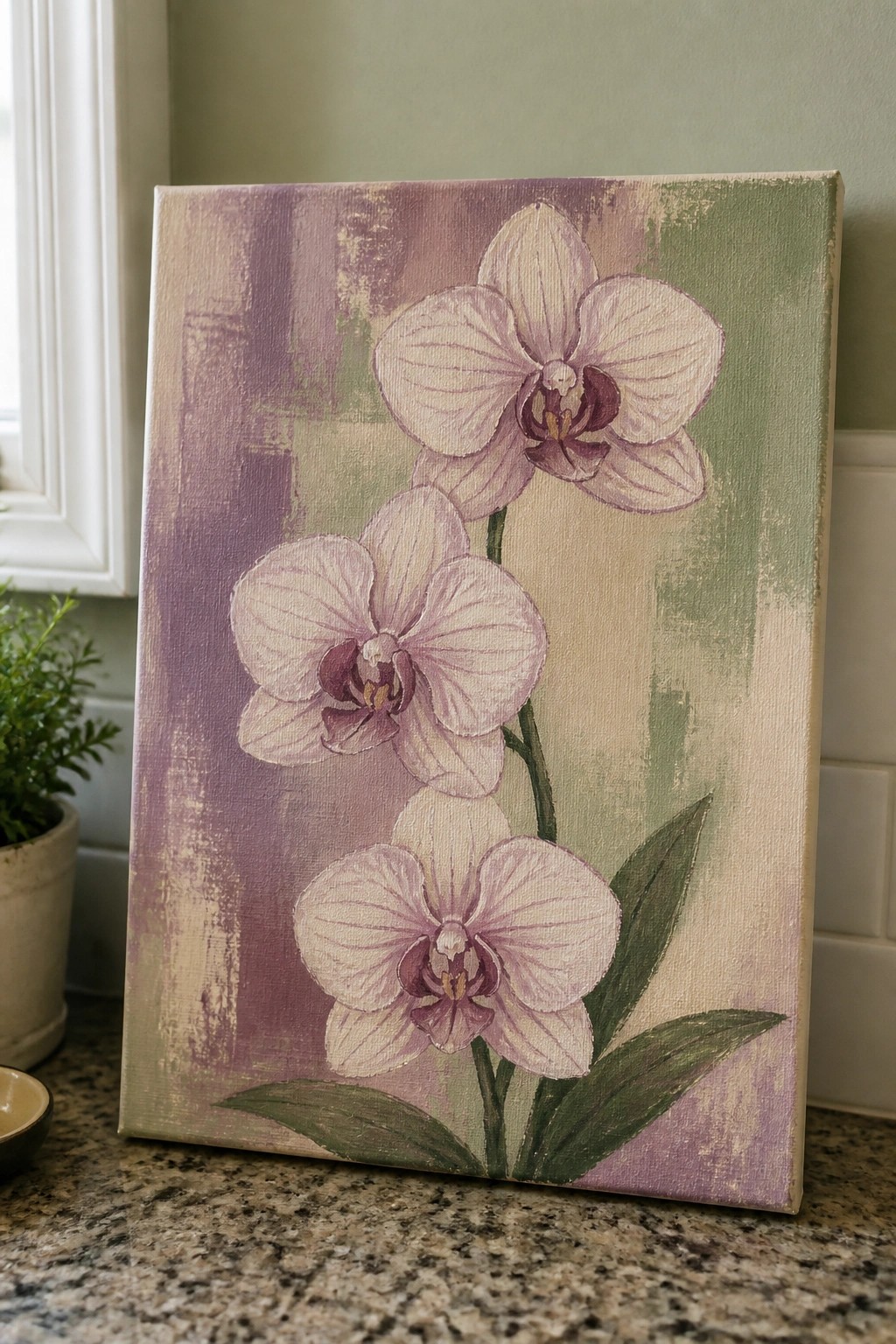 Three pale pink orchids on canvas with abstract purple-green background