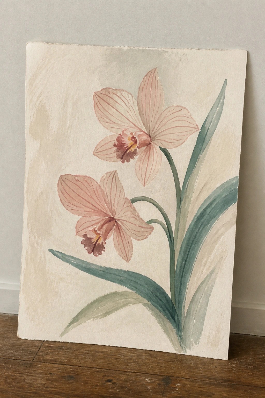 A watercolor painting of two pink orchids with green leaves on a textured off-white background.
