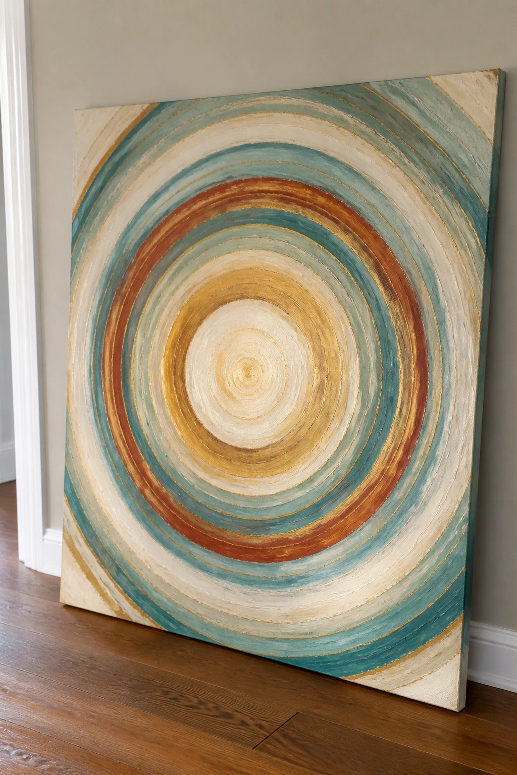Large abstract painting with concentric teal, orange, and gold circles leaning on floor