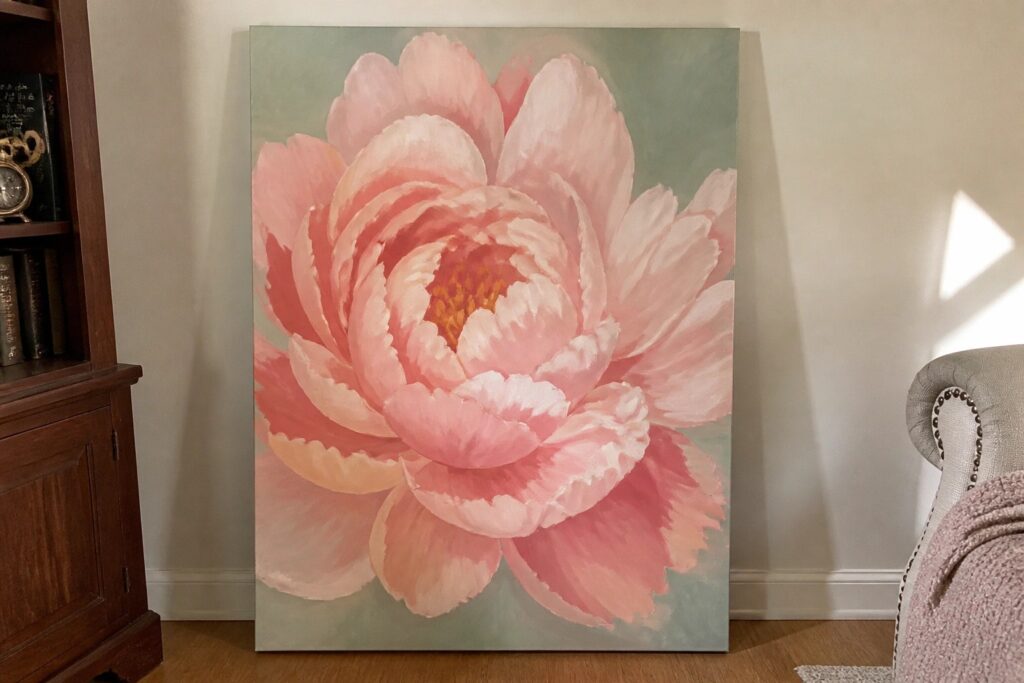 19 Large Canvas Acrylic Painting Ideas To Dramatically Transform Walls Large pink peony painting on green canvas leaning against wall on wooden floor.