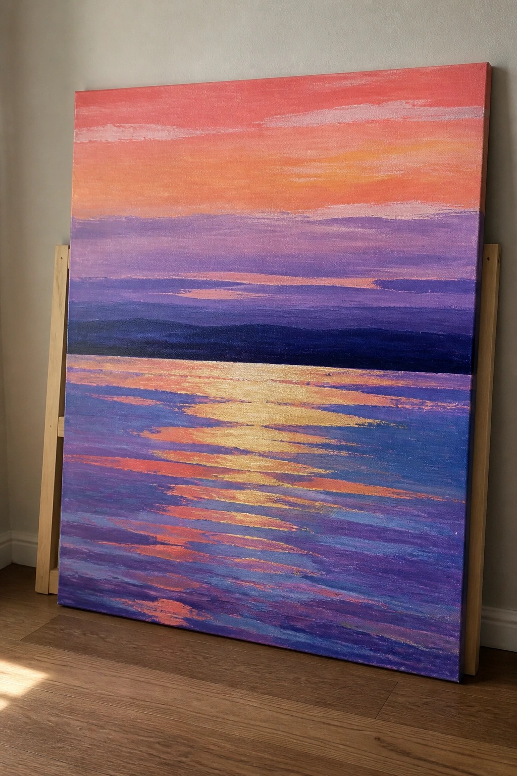 Large vibrant sunset painting with pink orange purple hues leaning on wooden floor.