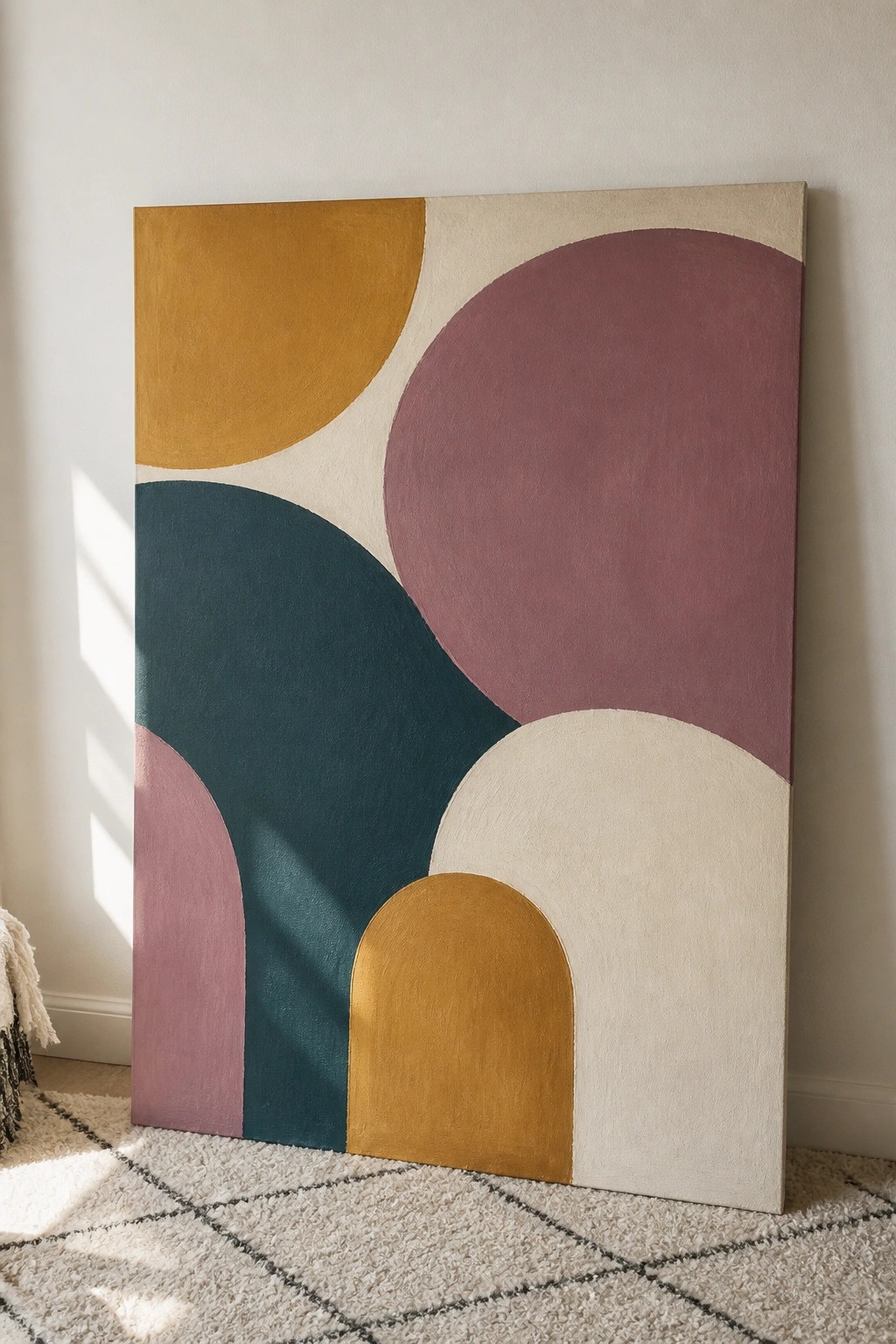 Large abstract canvas with overlapping curved shapes in gold, teal, and mauve leaning on wall.