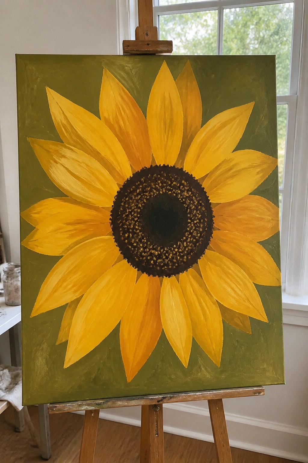 An acrylic painting of a large yellow sunflower with a dark dotted center on a green background, displayed on an easel.