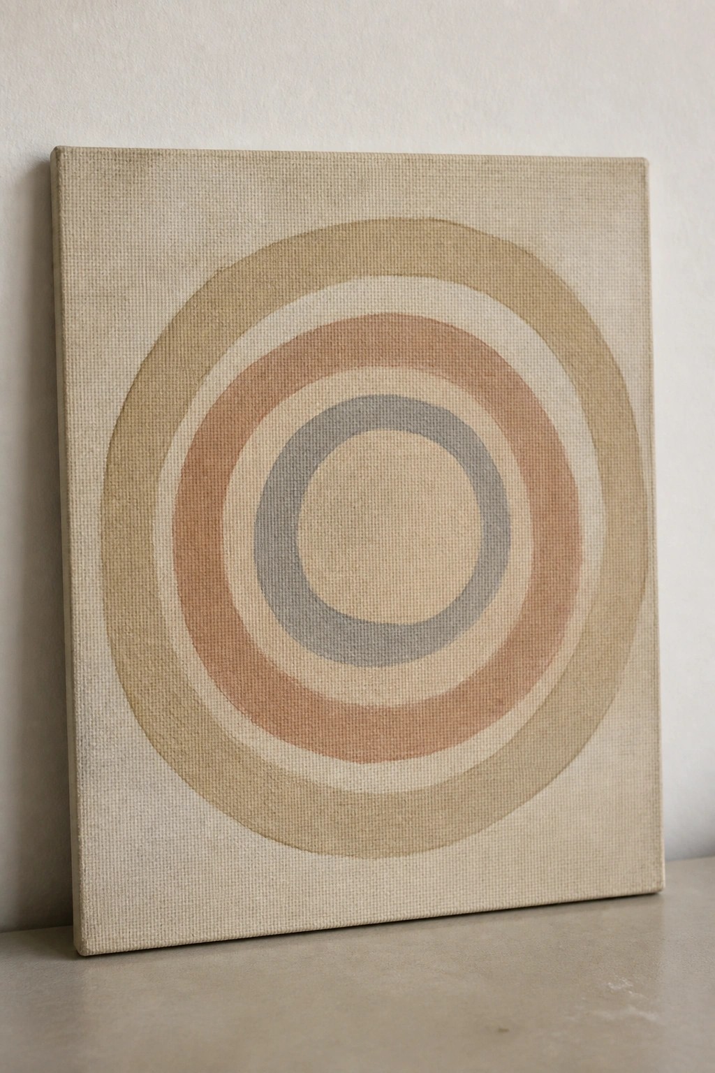 Abstract canvas with concentric circles in beige, terracotta, and gray tones leaning on floor