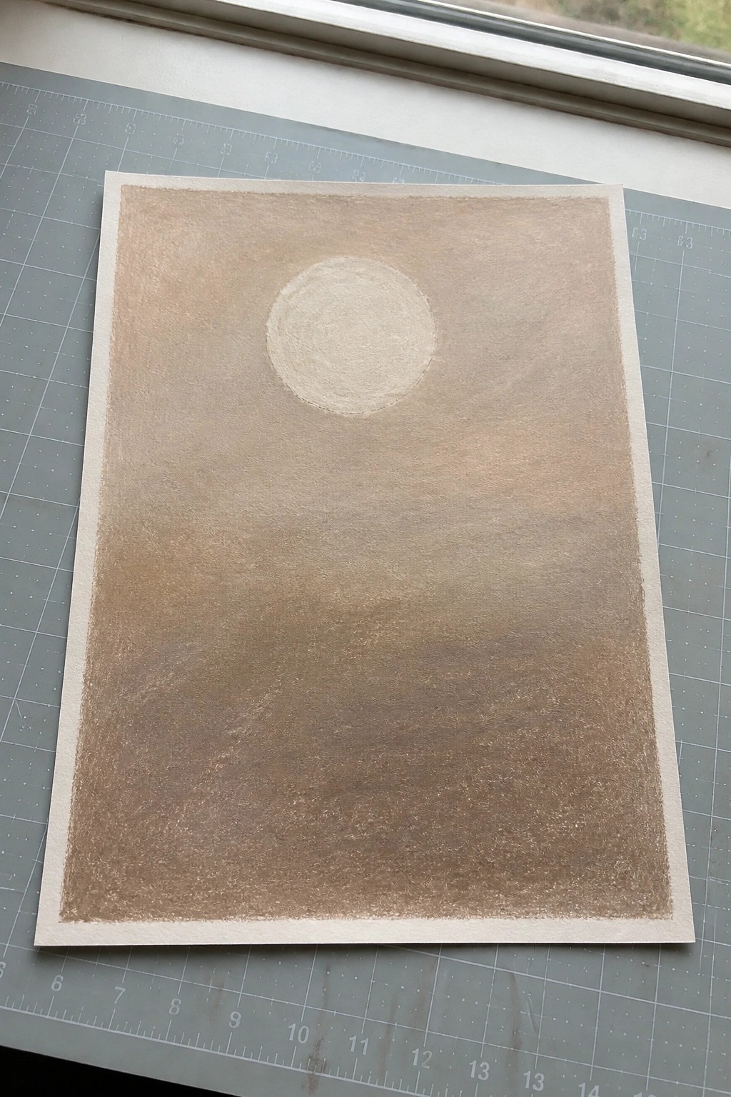 A rectangular painting with a textured beige-to-brown gradient background and one off-white circle in the upper half.