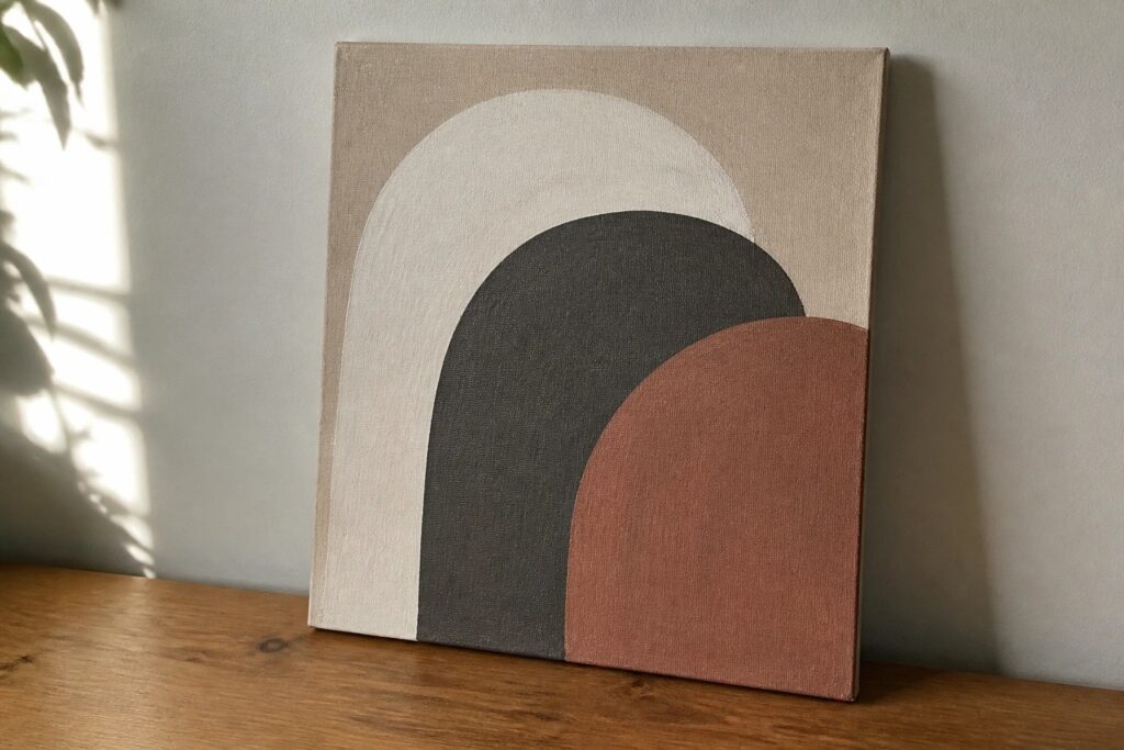 19 Minimal Acrylic Painting Ideas For A Sleek Designer Look Abstract canvas with overlapping arches in beige, gray, and orange on wooden surface.