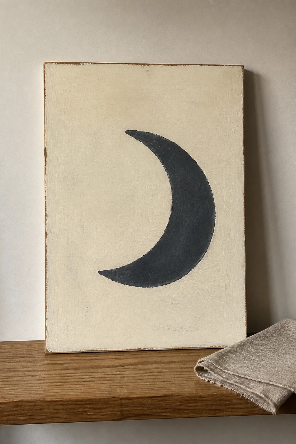 Black crescent moon on textured off-white canvas atop wooden shelf with linen cloth.