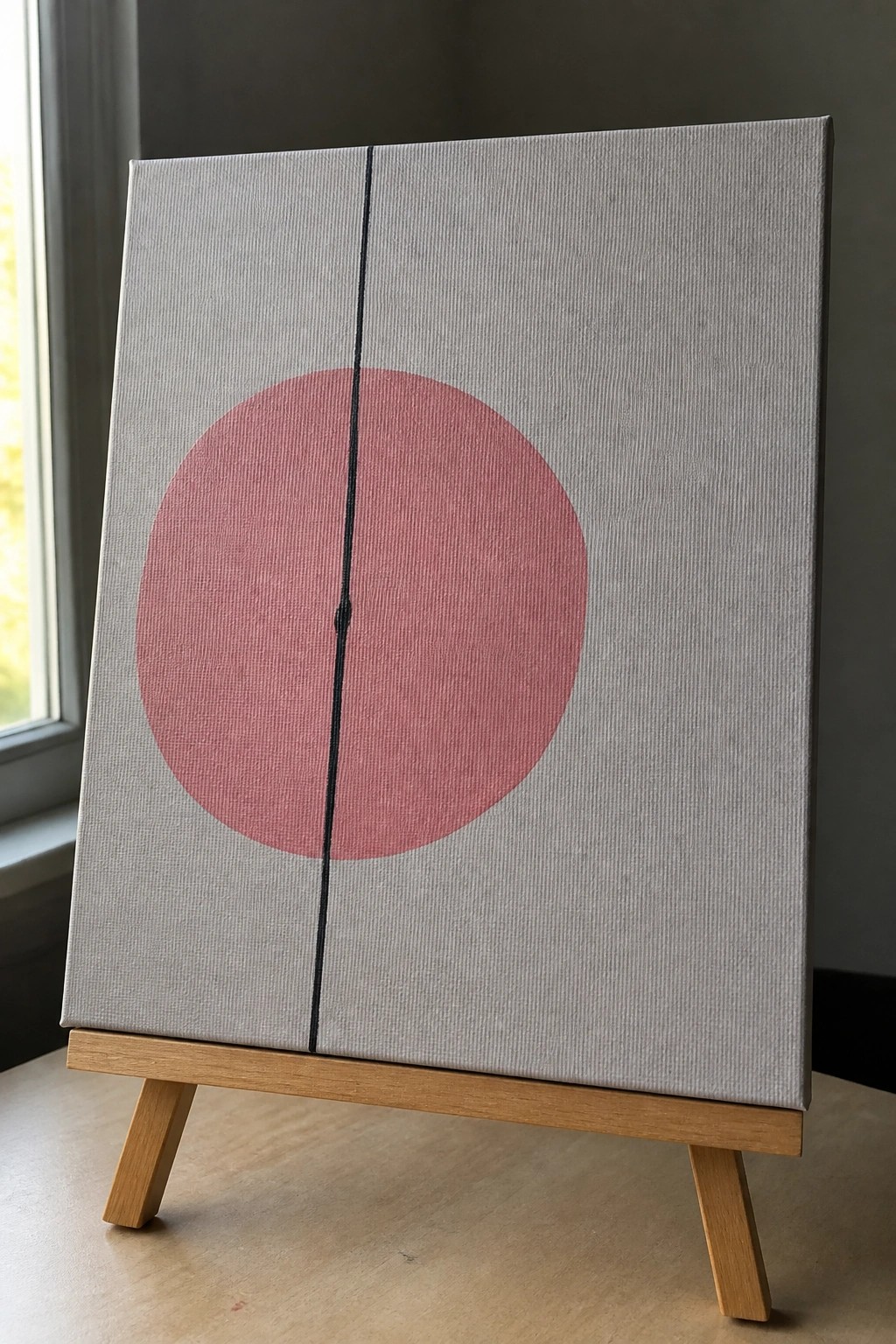 Minimalist gray canvas with large pink circle bisected by black vertical line on wooden easel