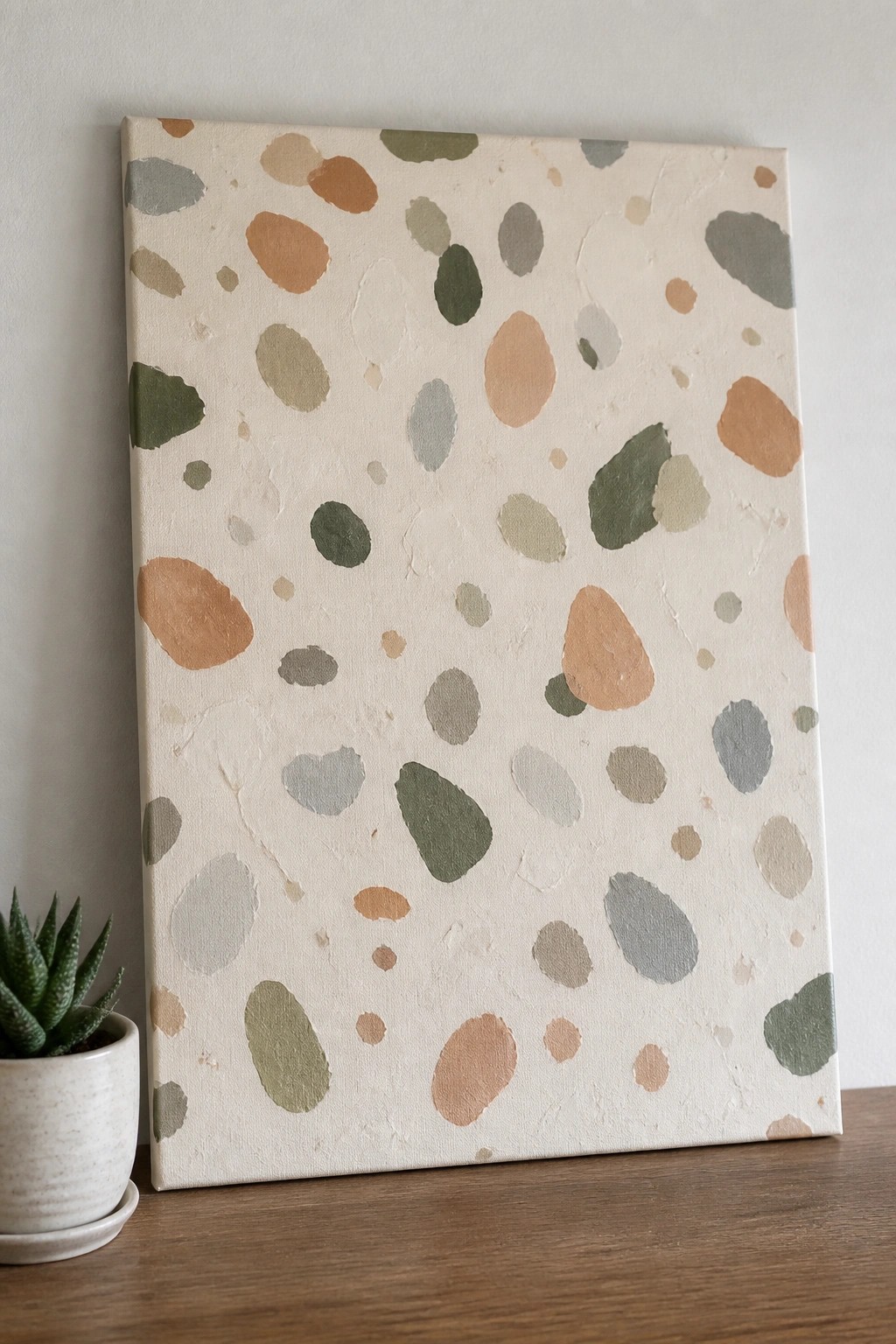 Abstract pebble-patterned canvas painting in earthy tones beside a potted succulent plant