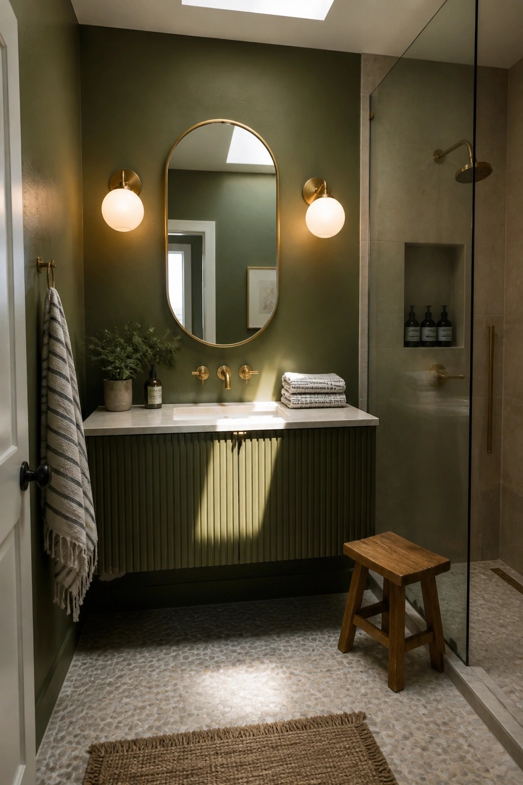 Modern bathroom with dark green walls, fluted vanity, oval mirror, and wooden stool.