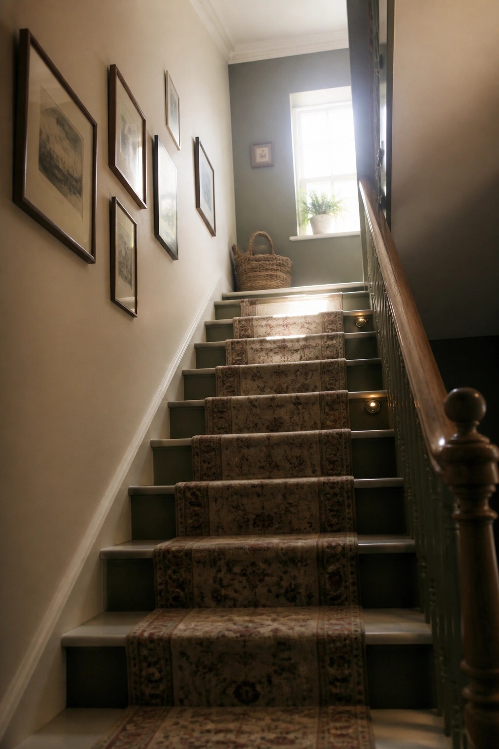 Narrow staircase with patterned runner, framed pictures, wooden banister, and green walls
