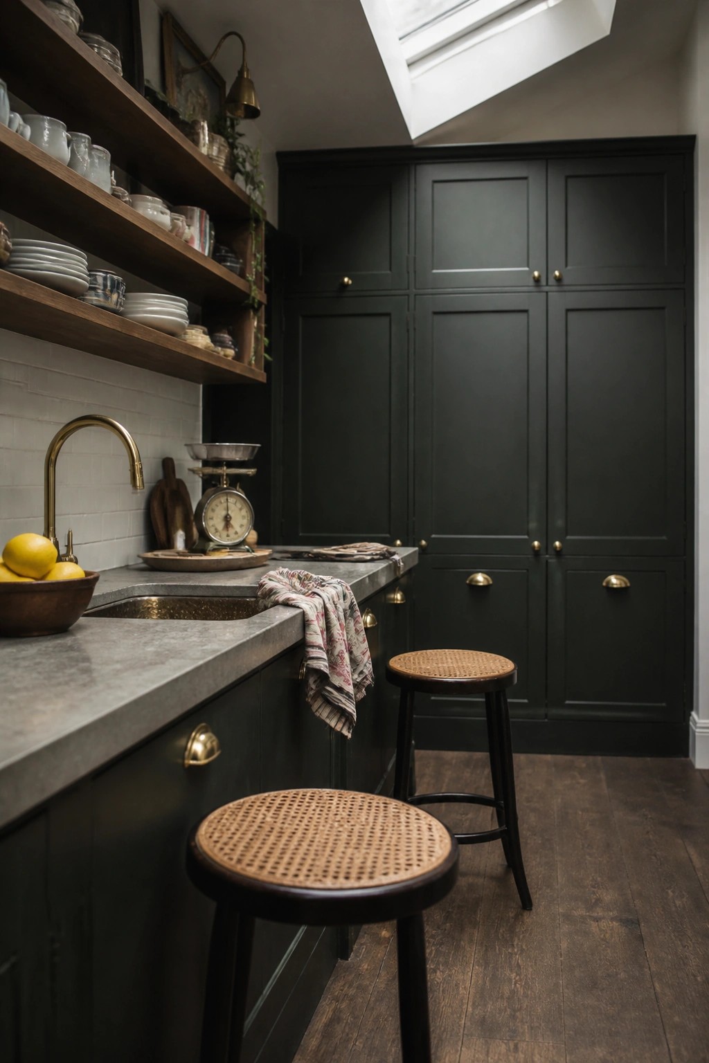 Dark green kitchen with brass hardware, open shelves, gray counter, and cane stools