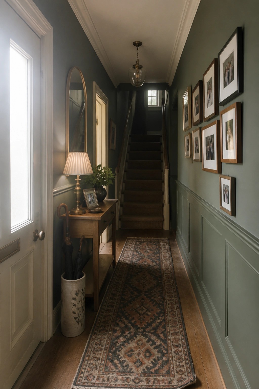 Narrow hallway with green walls, wooden stairs, gallery of framed photos, and runner rug