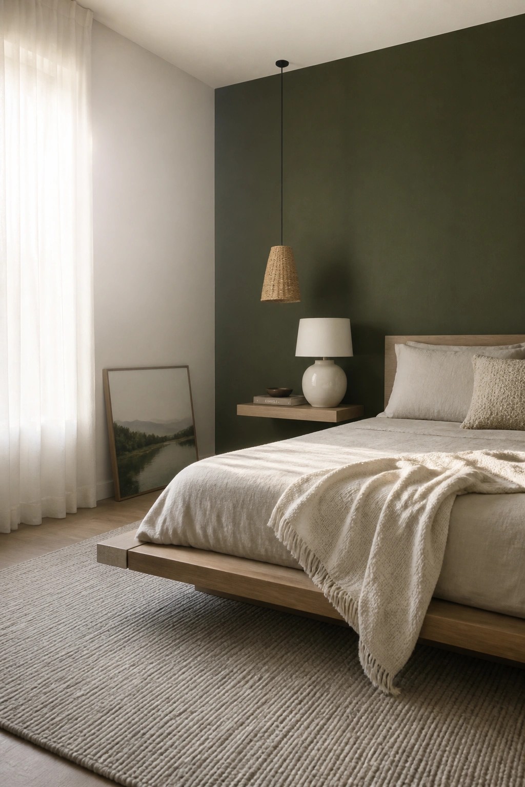 A bedroom featuring a deep green accent wall behind a wooden platform bed.