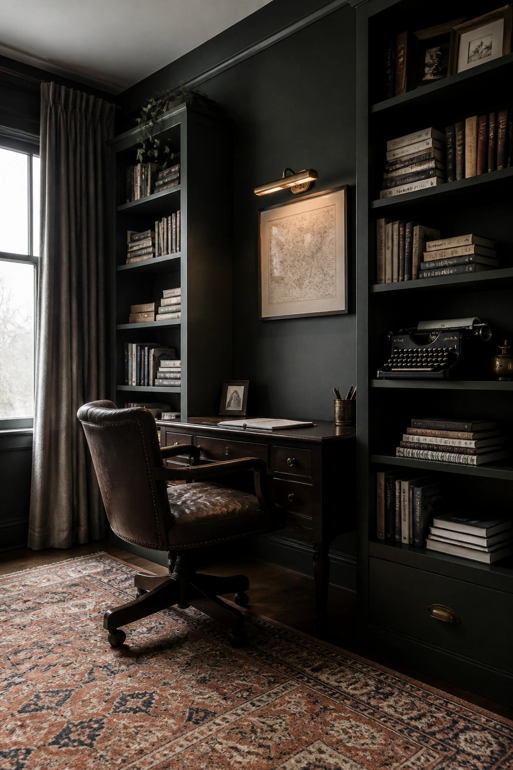 Dark green office with leather chair, wooden desk, bookshelves, typewriter, and rug.