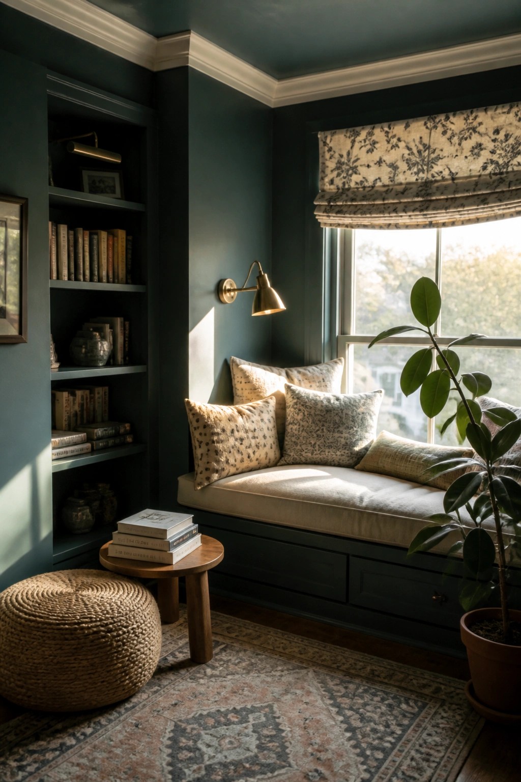 Cozy teal reading nook with cushioned window seat, bookshelves, brass lamp, and plant.