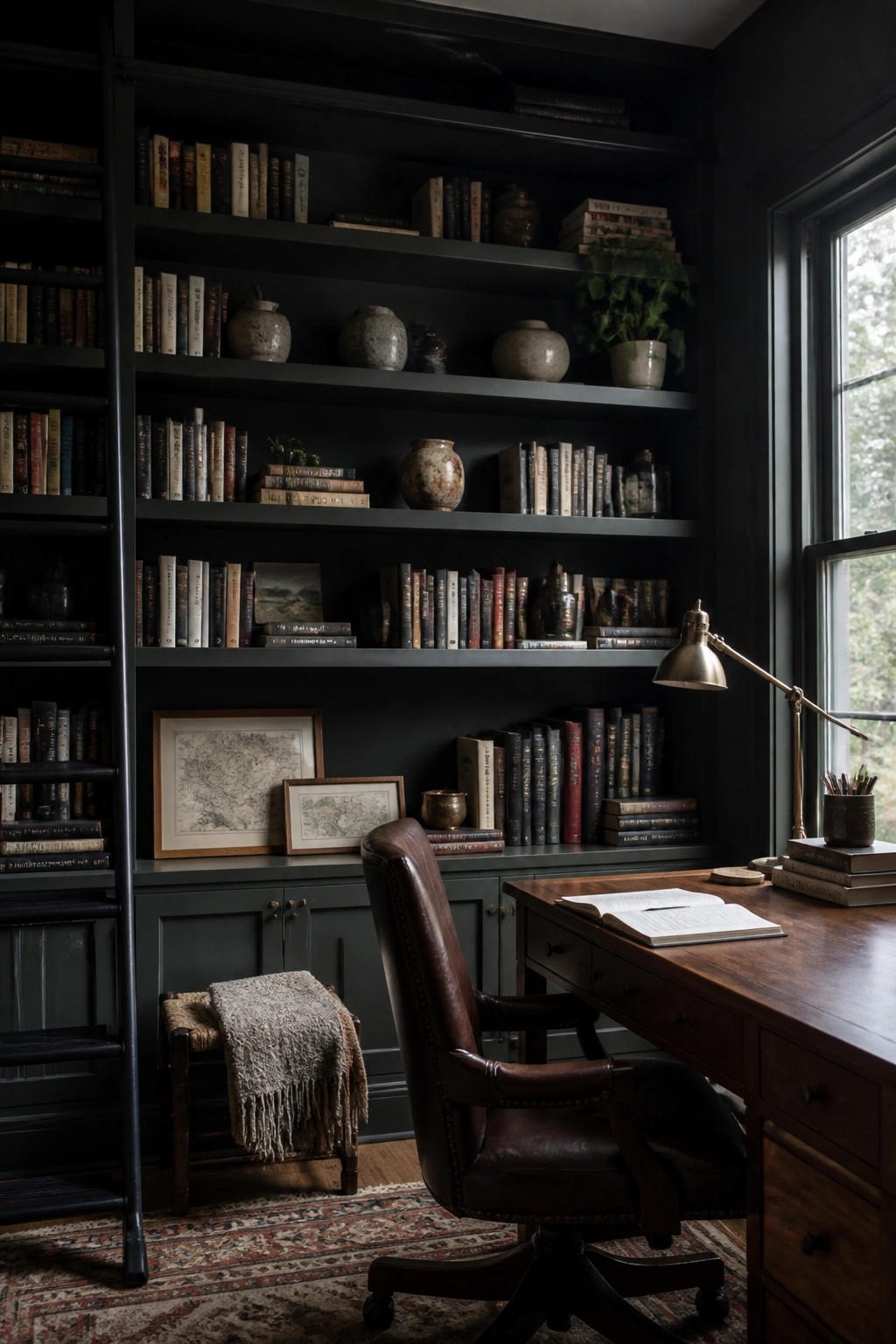 Dark green walls and built-in bookshelves in a home office.