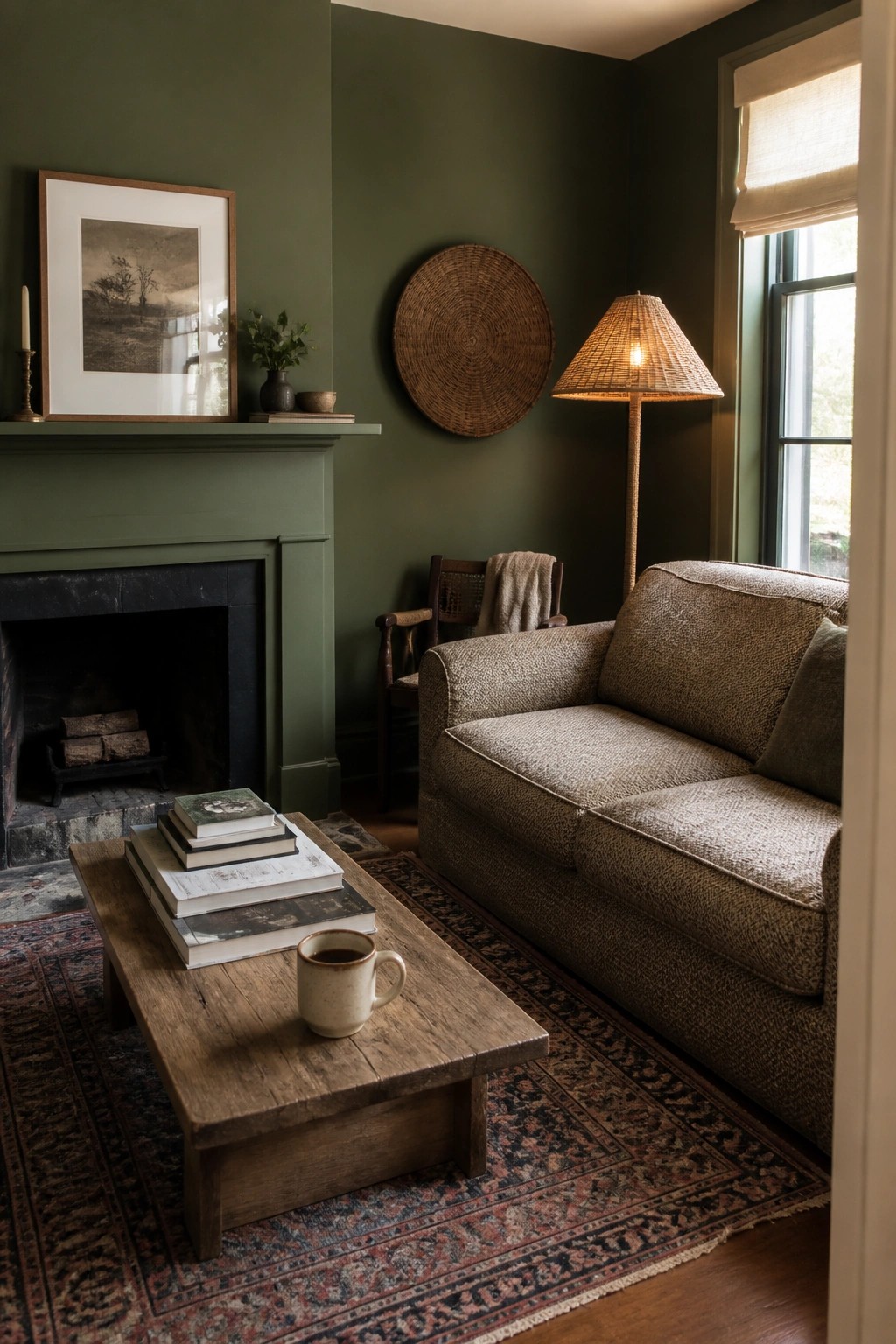 Cozy green living room with sofa, fireplace, wooden coffee table, books, and woven lamp.