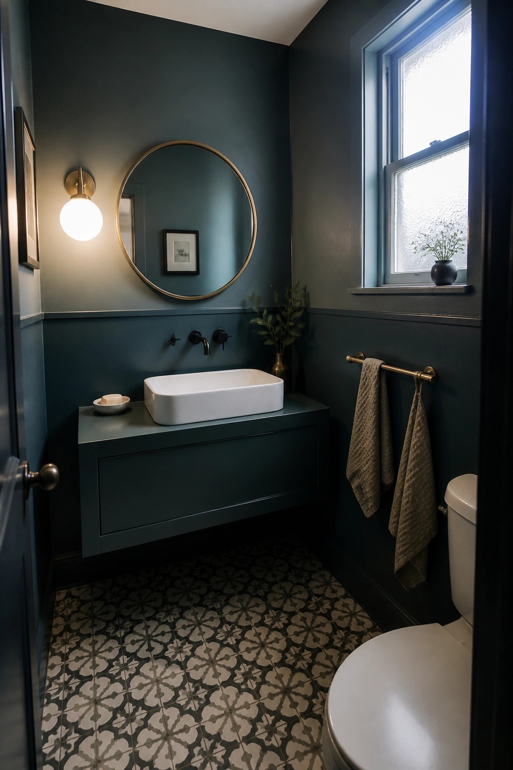 A small bathroom with deep green walls and vanity painted the same color.
