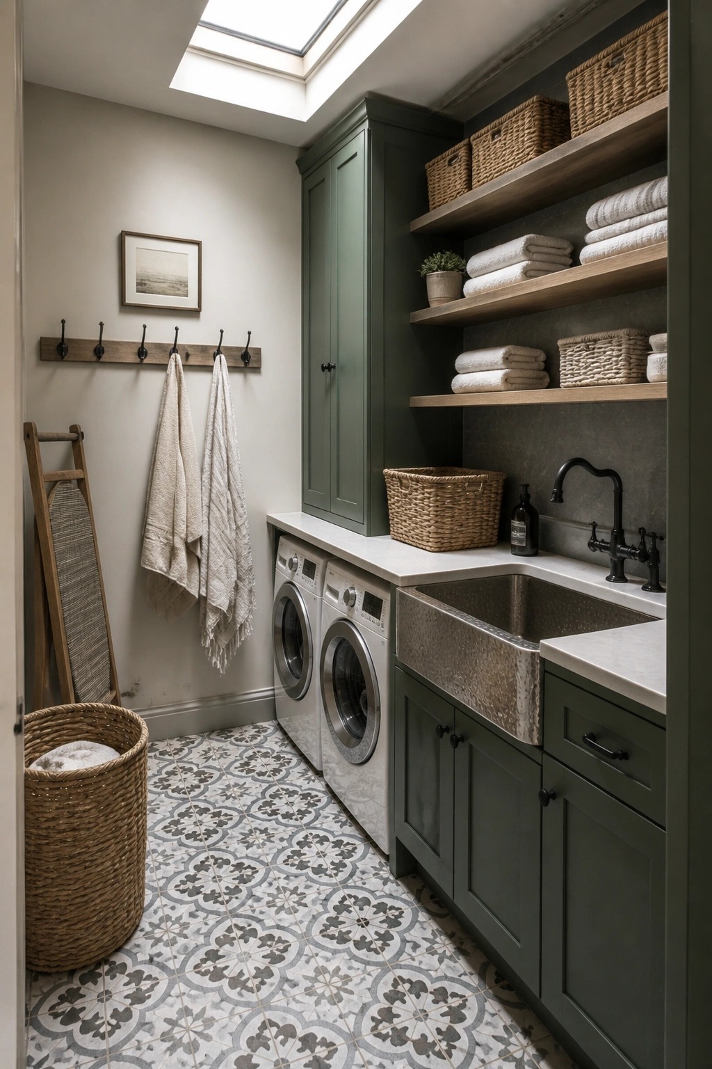 A compact laundry room with deep green cabinets, a white marble countertop, and a farmhouse sink under a skylight.