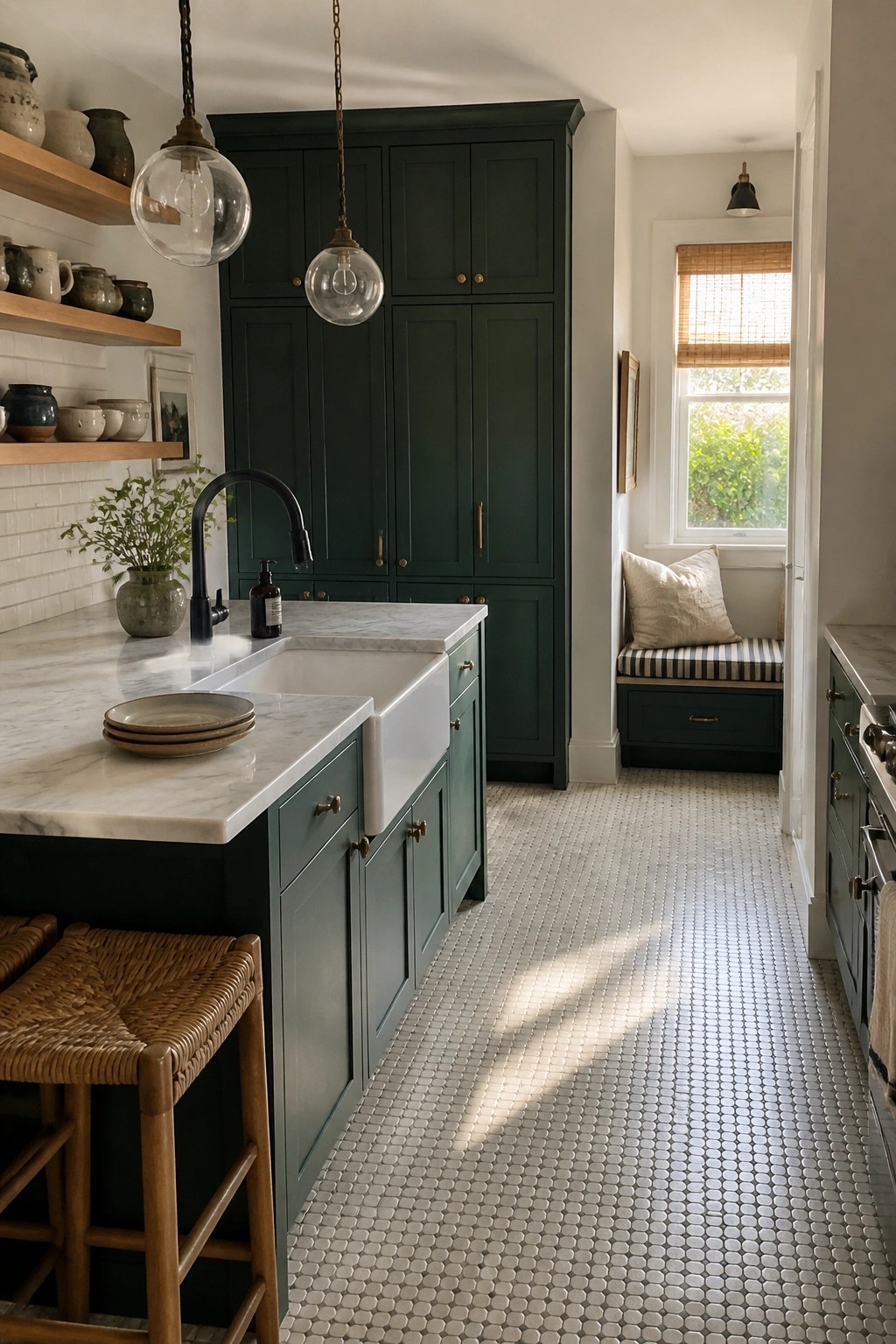 Dark green kitchen with marble counters, white farmhouse sink, and penny tile floor.
