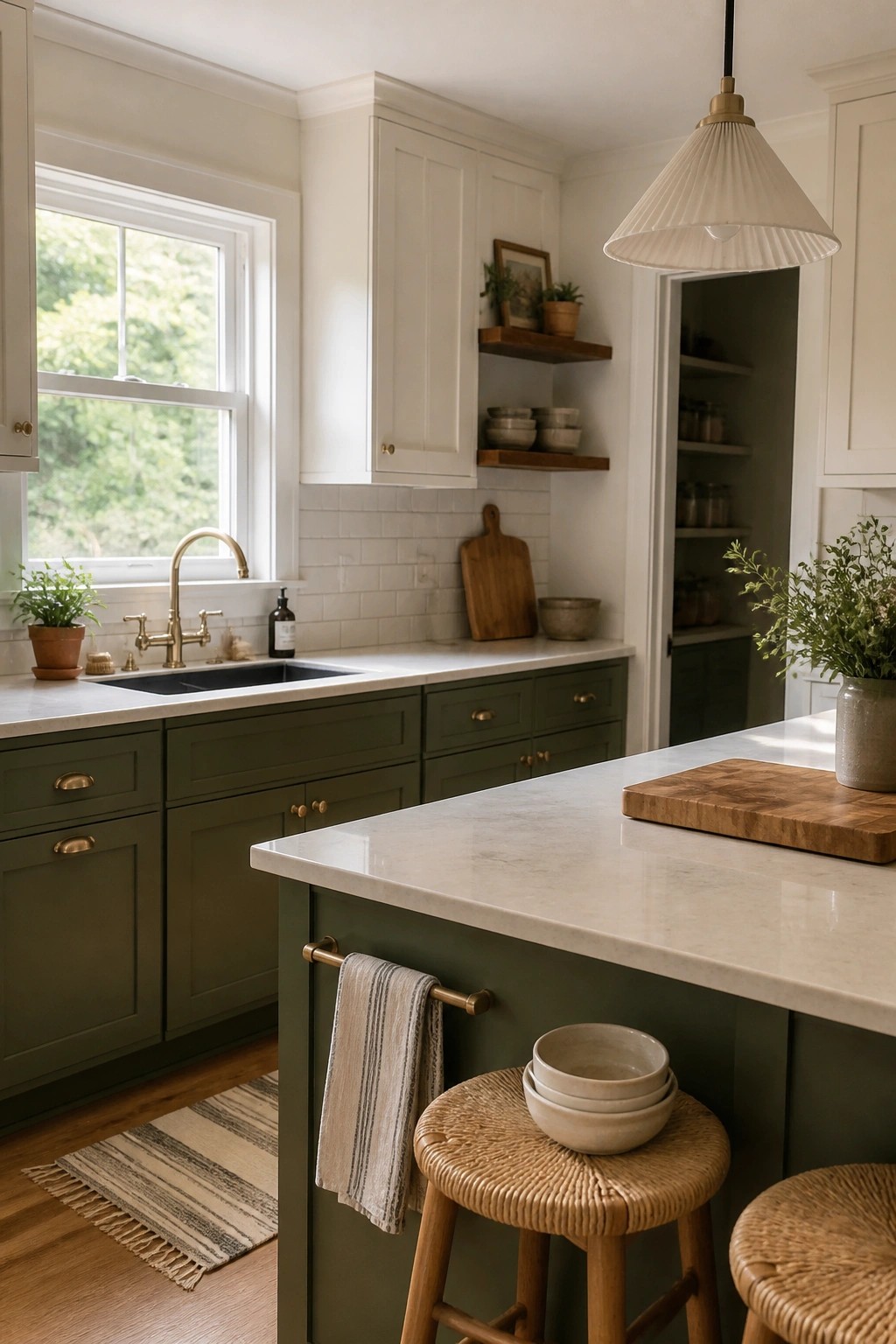 Cozy kitchen with sage green cabinets, marble counters, woven stools, and pendant light
