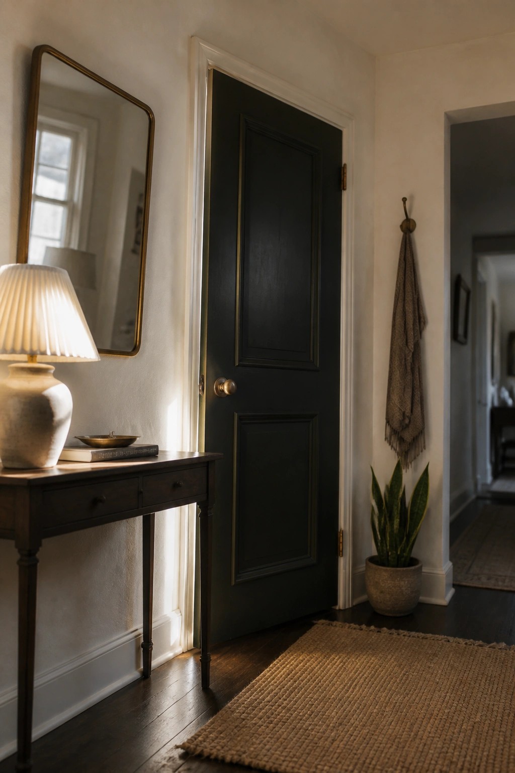 Dark door beside wooden console table with lamp, mirror, and potted snake plant.