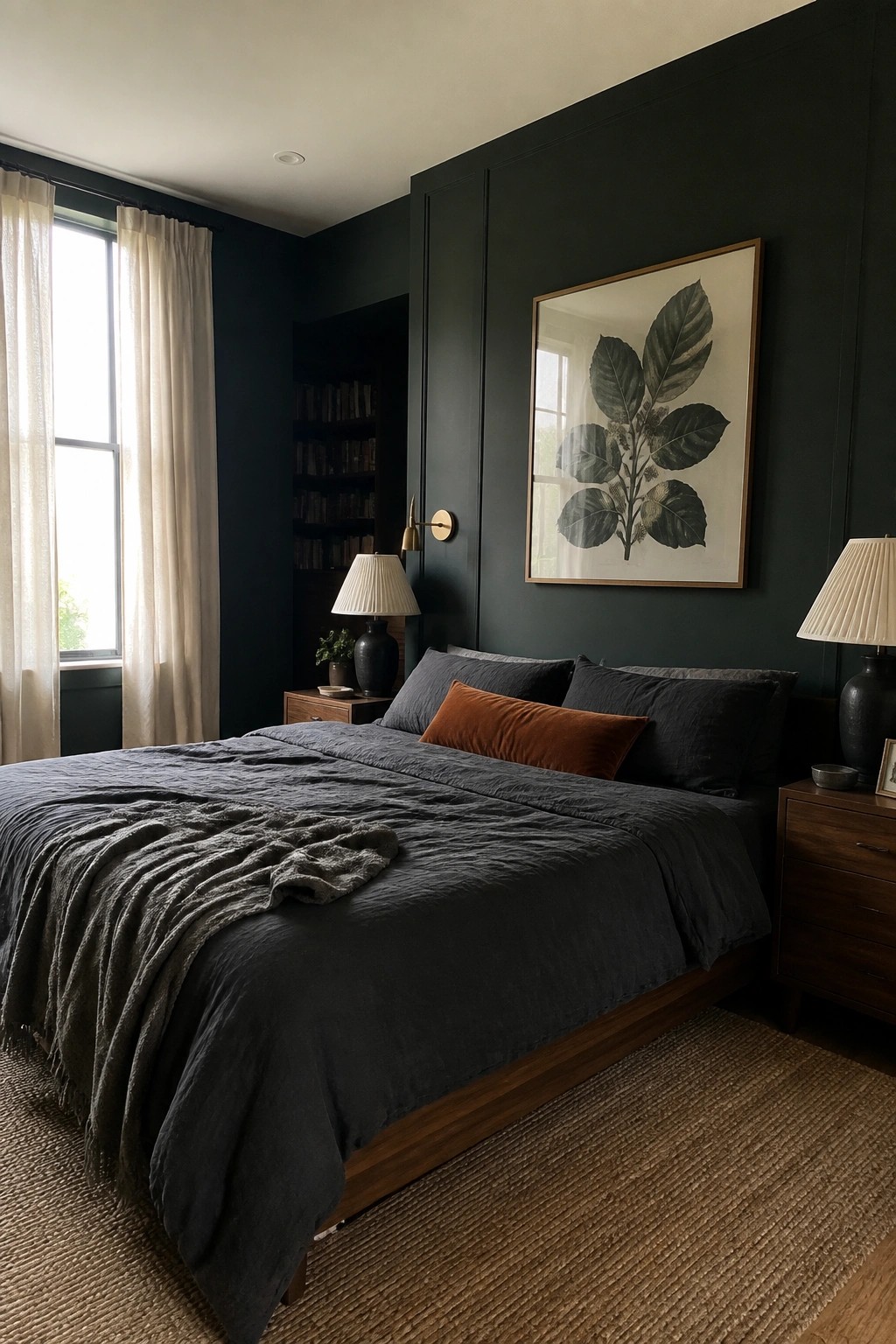 Dark green bedroom with wooden bed, gray linen bedding, orange pillow, and botanical print
