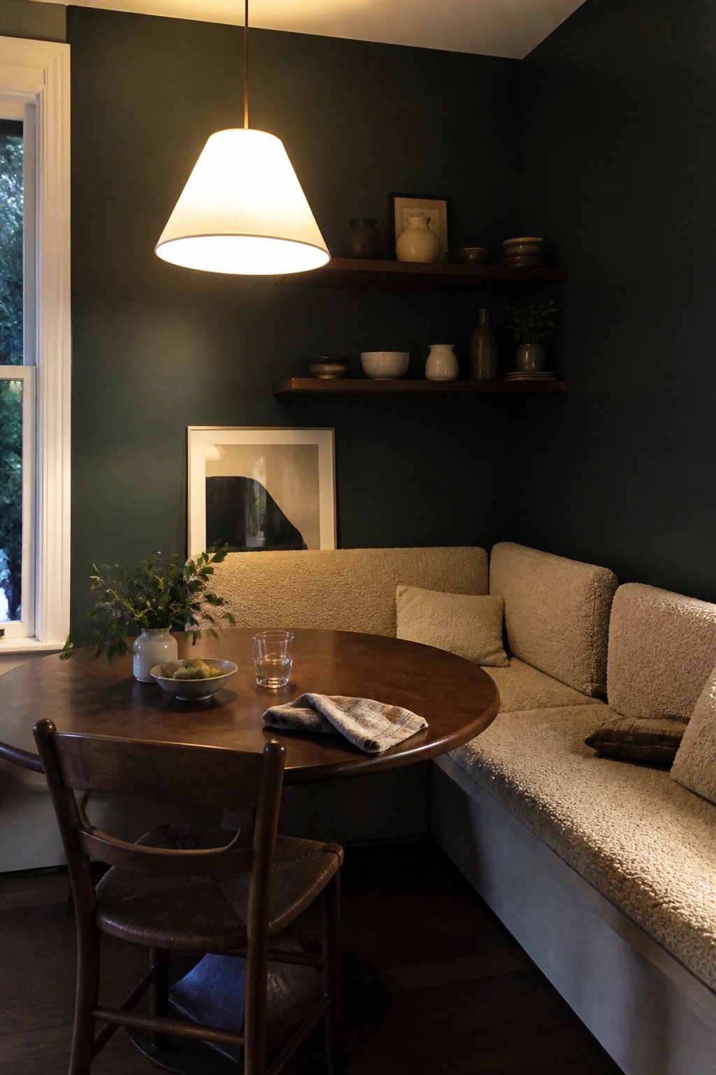 Dark green walls in a cozy dining nook with a round wood table and built-in bench.