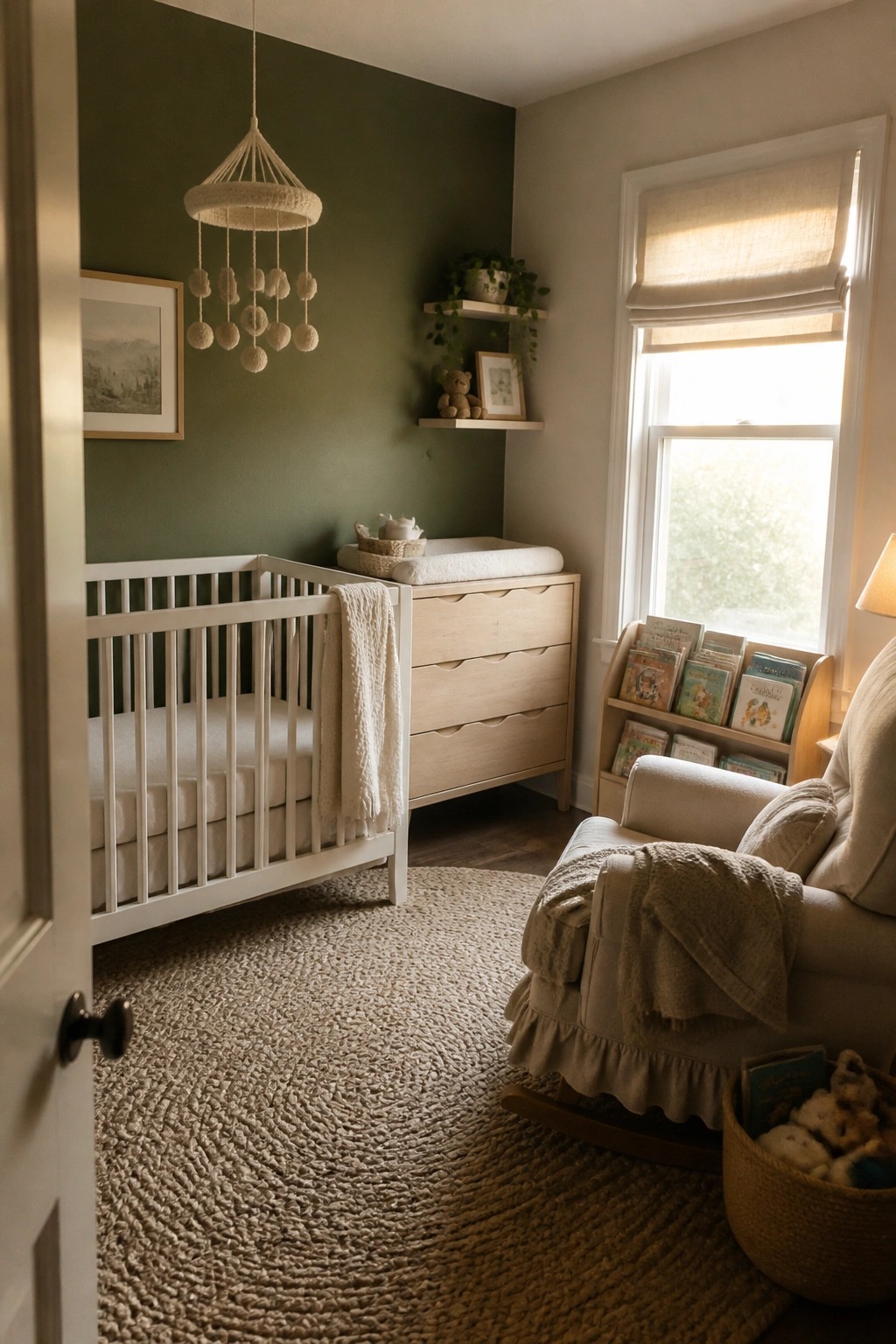 Deep olive green walls in a nursery with light wood furniture and white crib.