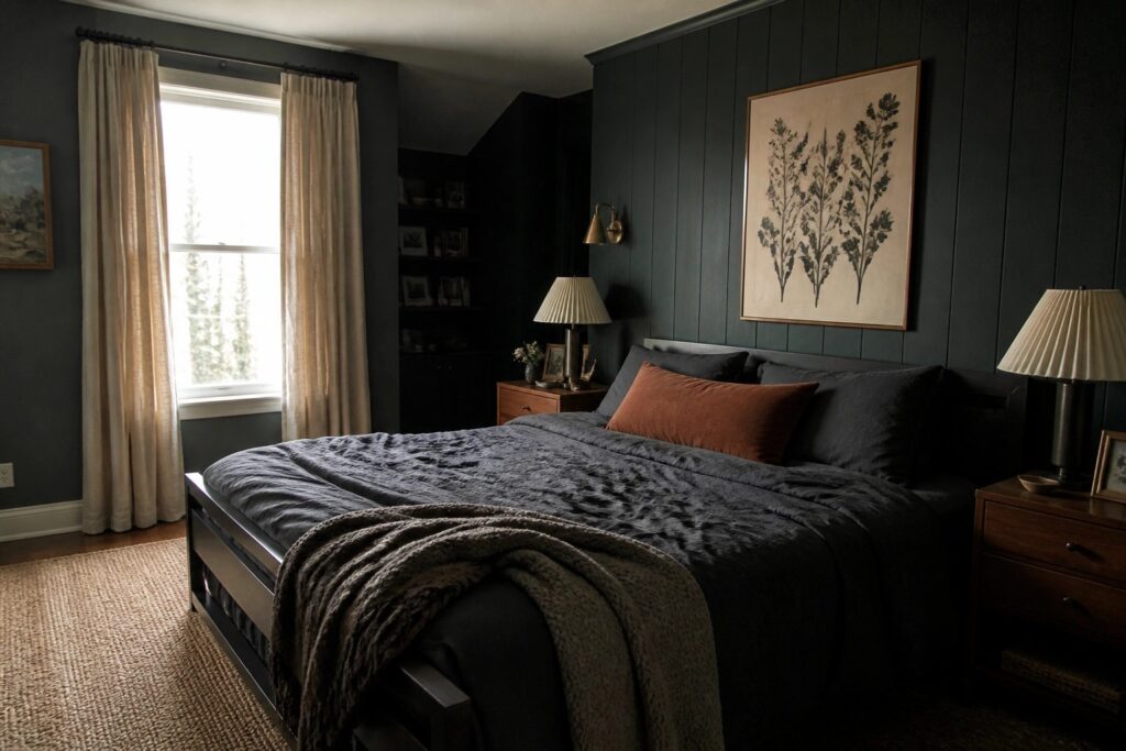 Dark green bedroom with wooden bed, gray linen bedding, orange pillow, and botanical print