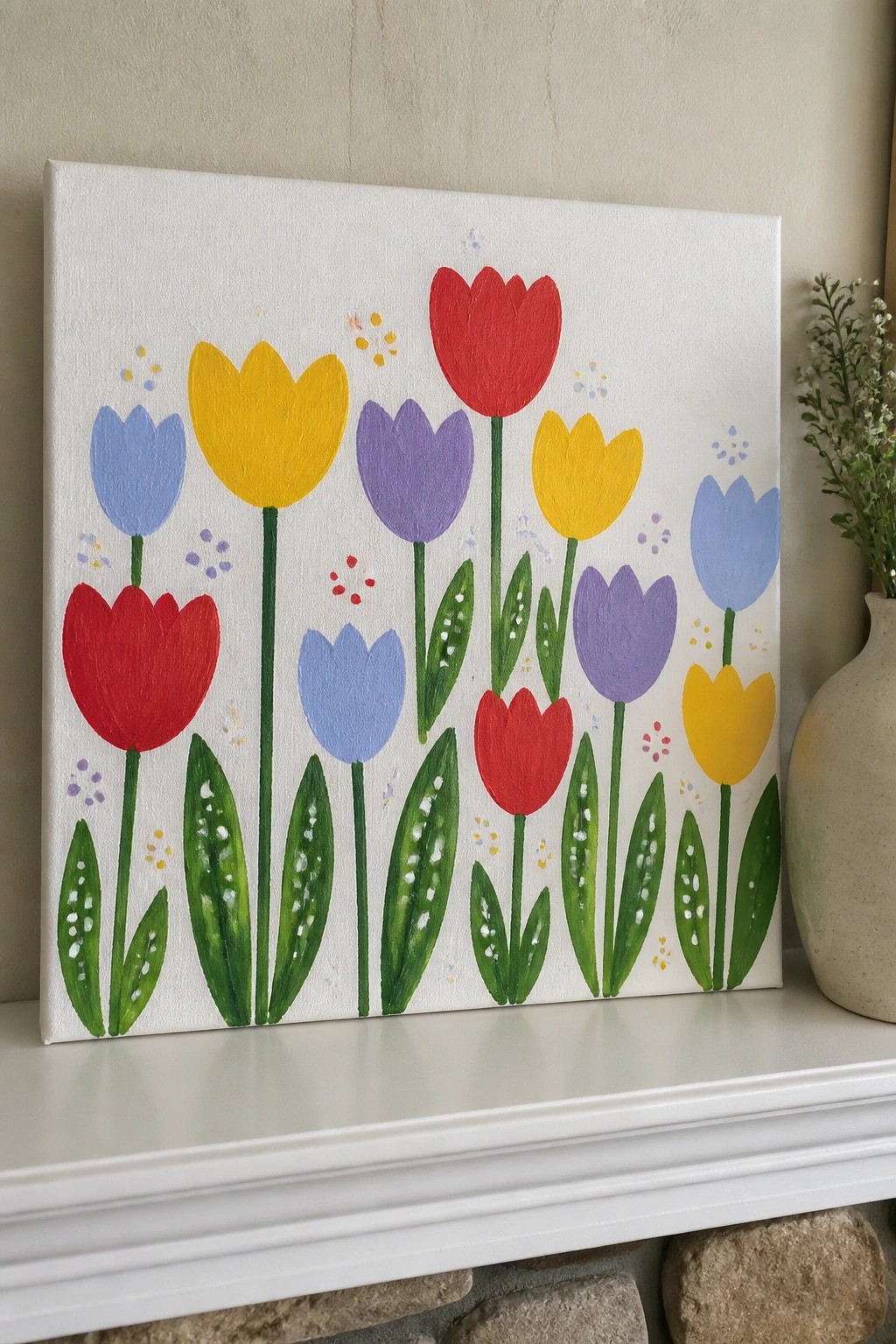 Colorful abstract tulips in red, yellow, purple, blue on white canvas painting