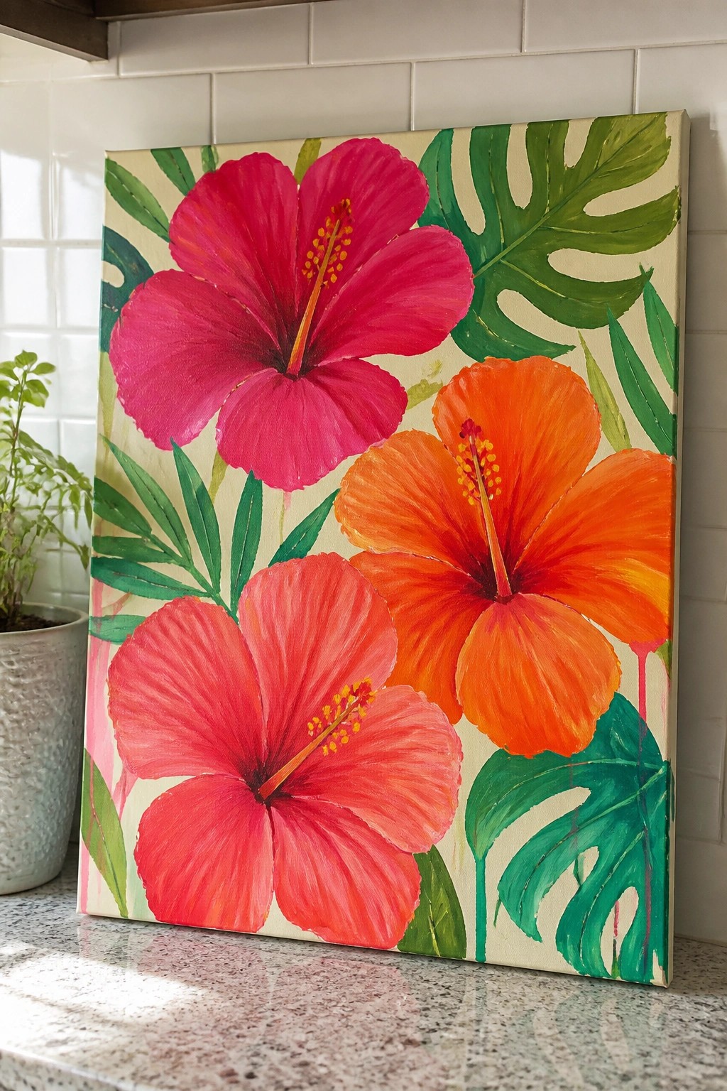 Vibrant painting of three pink and orange hibiscus flowers with green tropical leaves.