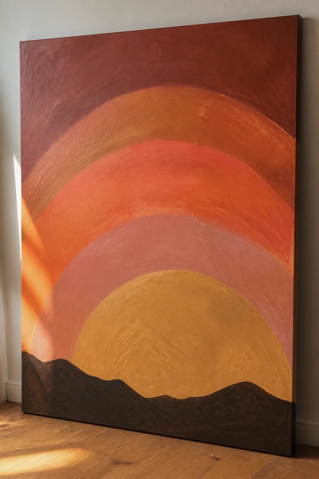 Large abstract painting of layered sunset arcs above dark mountains.