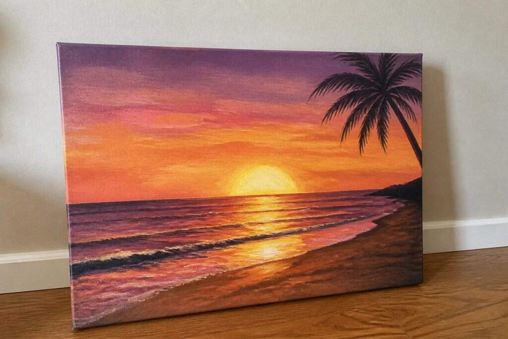 19 Radiant Sunset Acrylic Painting Ideas That Glow With Warmth Vibrant sunset painting with silhouetted palm tree over glowing ocean waves