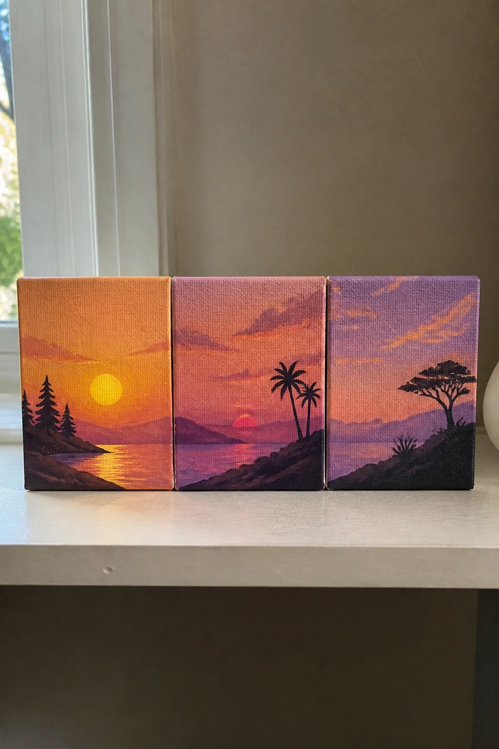 Three small sunset paintings with silhouetted trees over water in warm hues