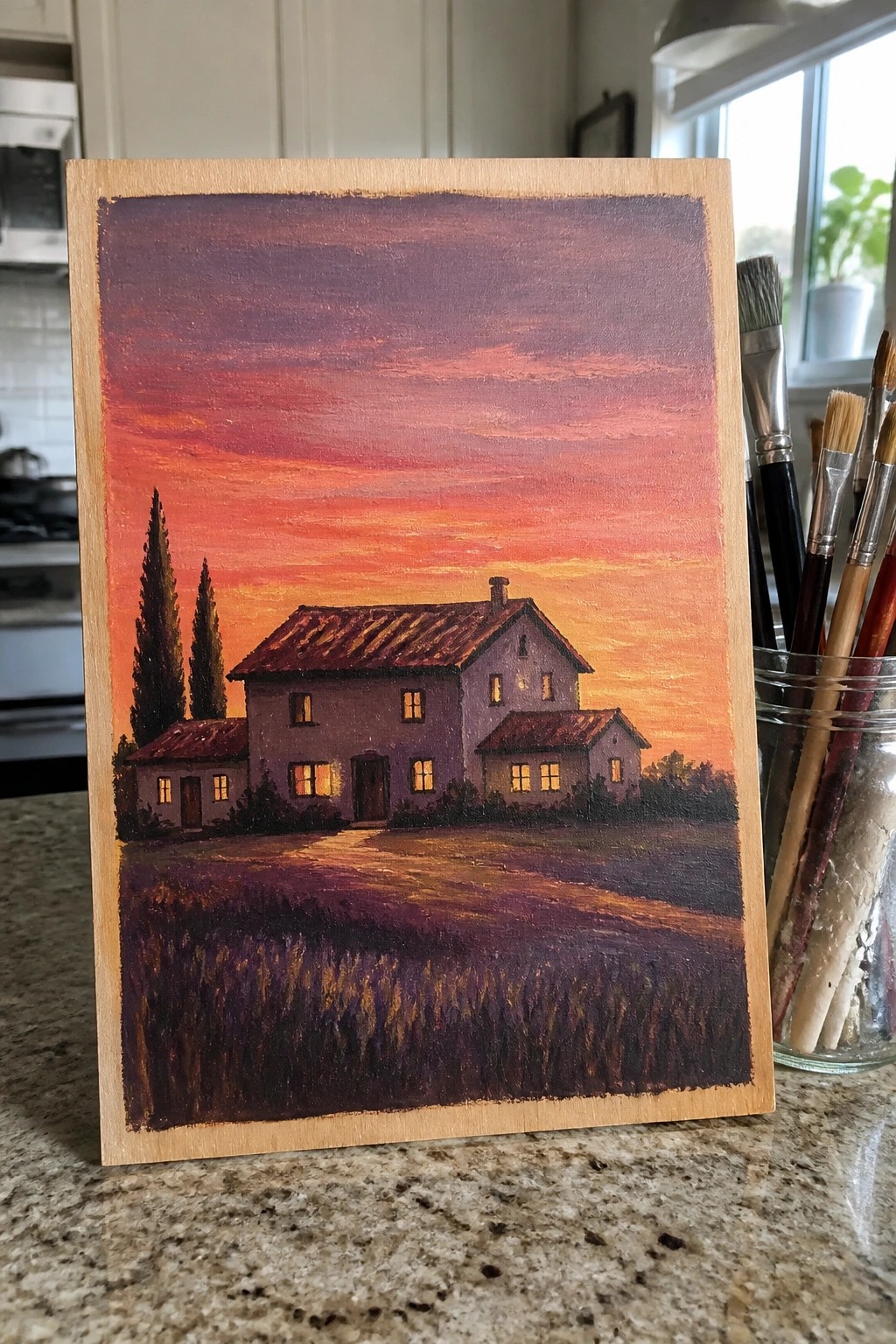 Wooden panel with sunset painting of purple house, glowing windows, and paintbrushes nearby.