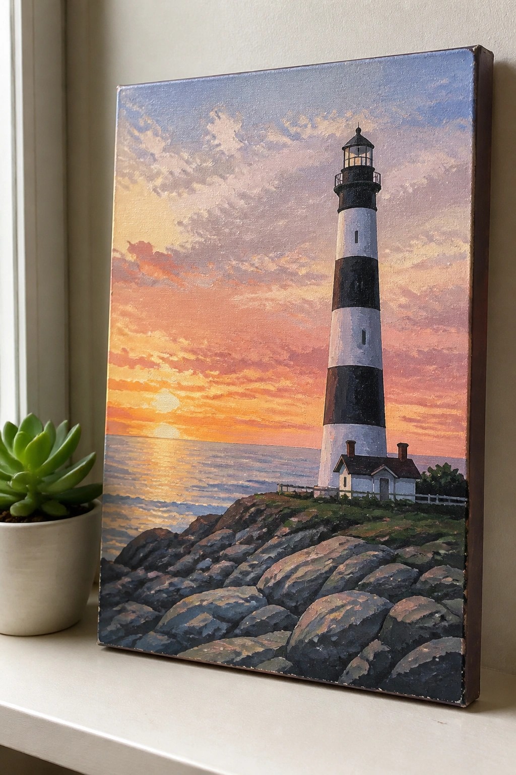 Striped lighthouse painting at ocean sunset on canvas beside a green succulent plant.