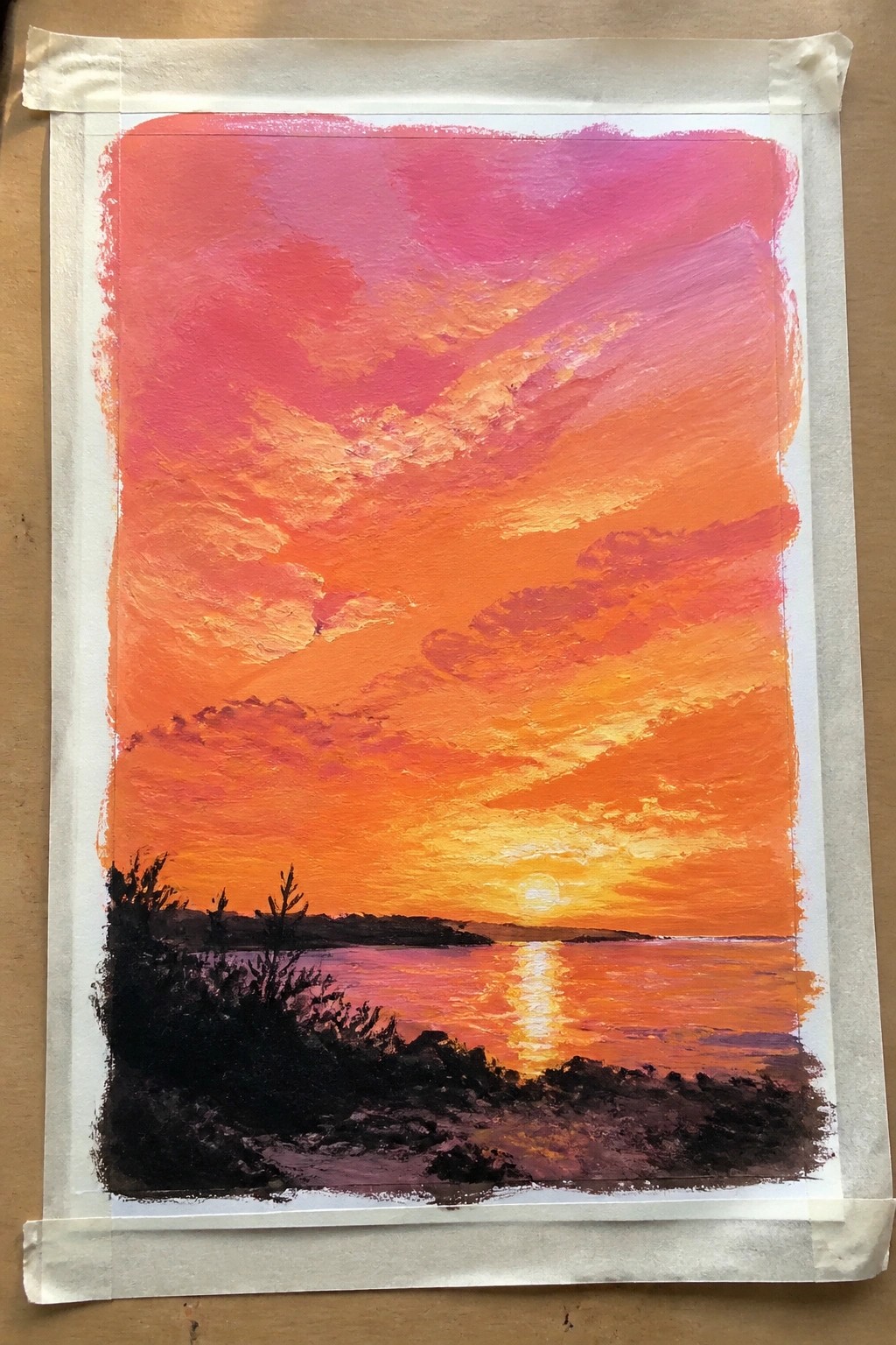Vibrant sunset painting with fiery orange-pink sky, sun reflection on water, and dark silhouette.