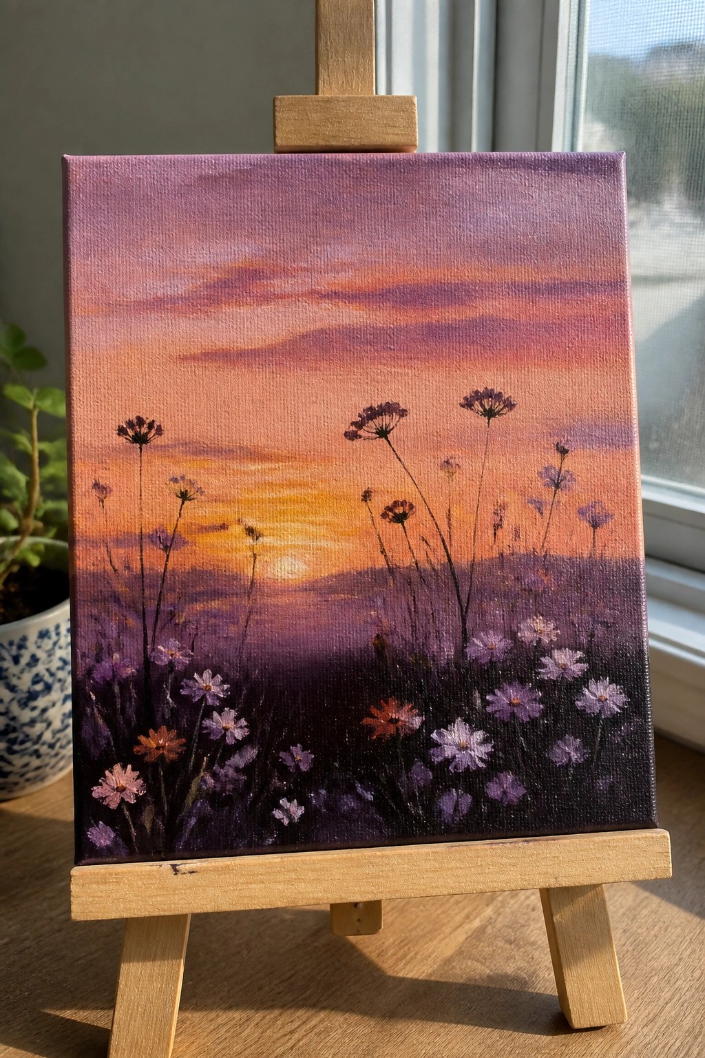 A small acrylic painting on a wooden easel showing a sunset over a field of wildflowers with purple and orange skies.