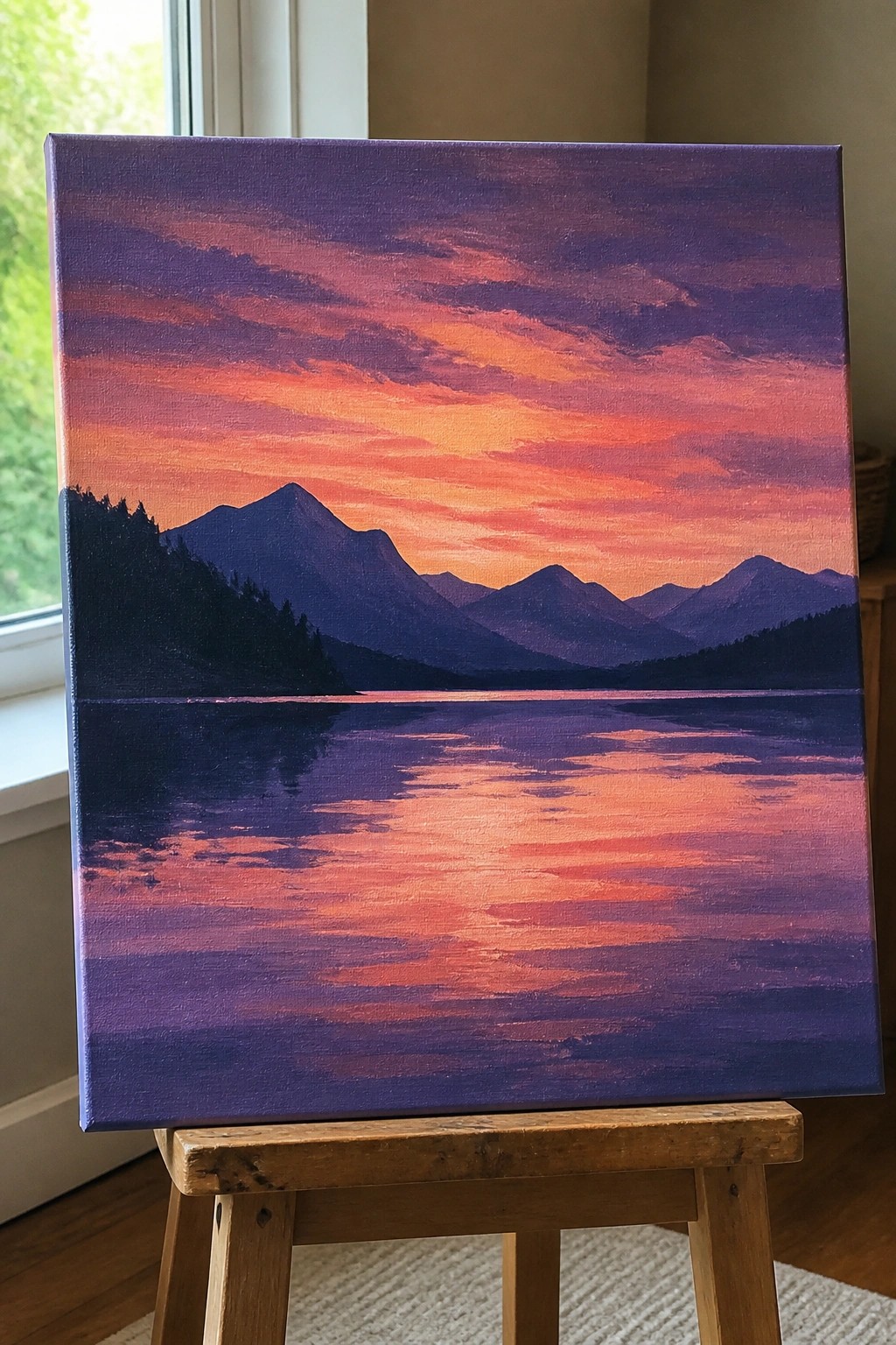 Vibrant sunset painting with orange-purple sky reflecting on mountain lake on wooden easel